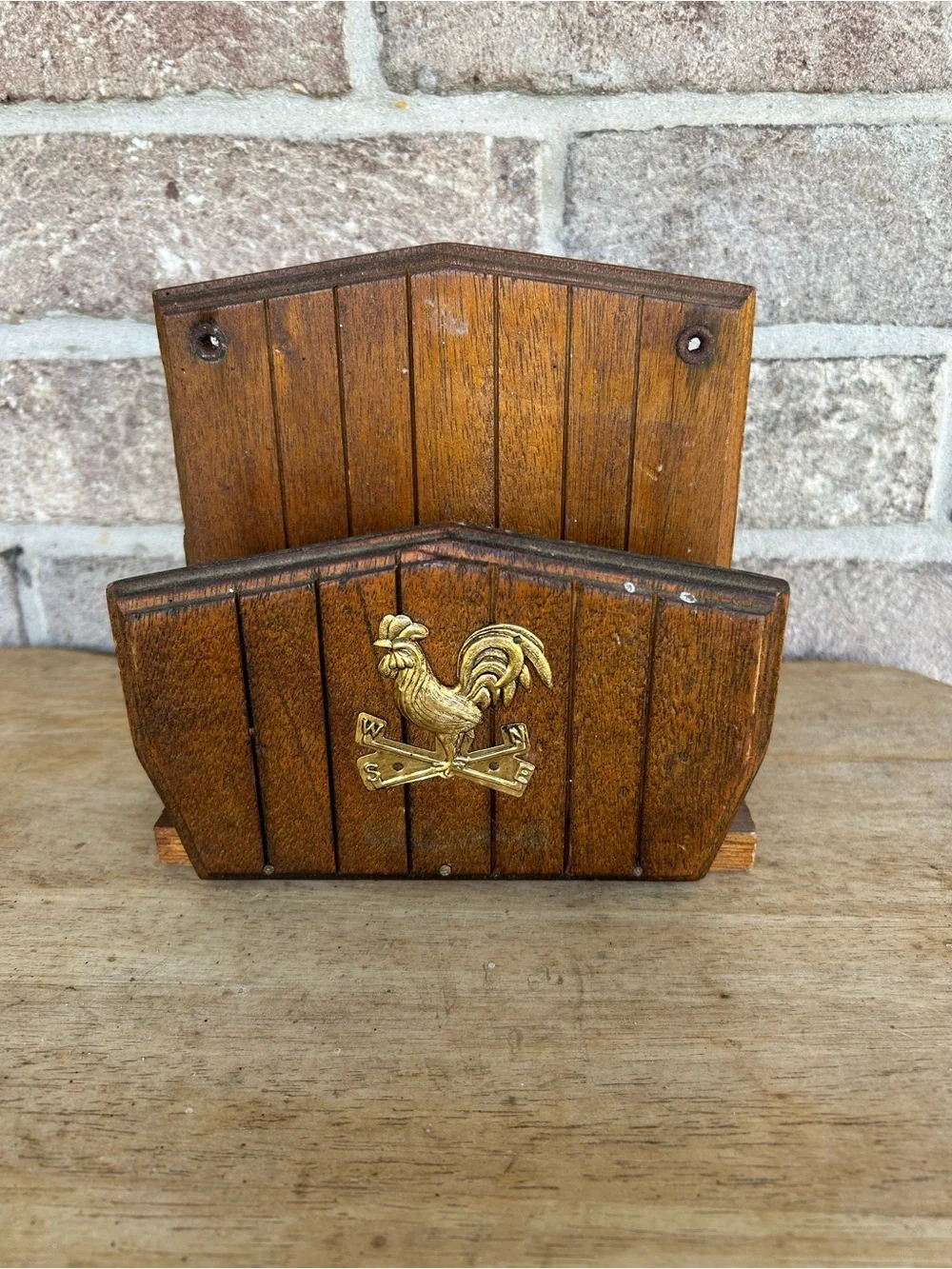 Vintage Wooden Rooster Napkin/Letter Holder with Brass Accent